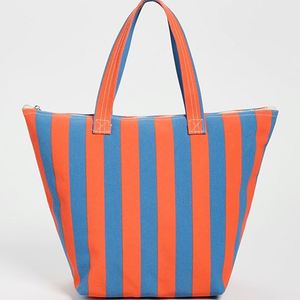 Sac fourre-tout en toile imperméable avec fermeture éclair, broderie de logo personnalisé, grand format, durable, rayé, en coton, pour femmes, printemps-été - Product Image 2