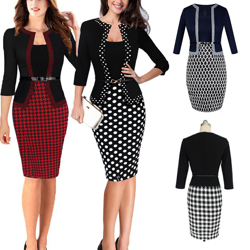 Trendy women business dress two piece patchwork women office clothing dress