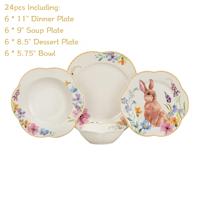 24-teiliges OEM ODM BPA-freies, umweltfreundliches Luxus-Knochenporzellan-Set mit Hasen-Design, Oster-Servierteller und Geschirr