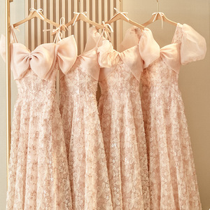 Pink Bridesmaid Dress Empire Waist A-Line Strapless 3D Floral Lace Evening Gown For Wedding Women - Product Image 1