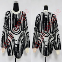 Tunique en tricot texturé bouclé jacquard noir et blanc pour femme, coupe mi-longue, style rétro artistique