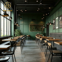 Ensemble de mobilier de restaurant commercial Ron Group : banquette capitonnée à dossier haut, table carrée en bois et chaises en cuir
