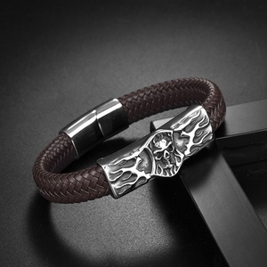 Nuevo Diseño, Pulsera de Cuero Trenzado con Calavera Punk de Acero Inoxidable 316L para Hombre, Venta al Por Mayor - Product Image 5