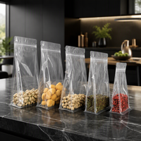 Sachets à fond plat transparents avec soufflet, directement de l'usine, pour snacks, noix, biscuits, sacs en plastique à fermeture éclair, emballage alimentaire refermable
