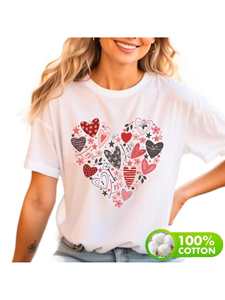 T-shirt con stampa di cuori di San Valentino da donna, in puro cotone, manica corta, girocollo, vestibilità ampia, casual, primavera estate - Product Image 1