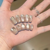 Lot de 10 faux ongles press-on faits main en acrylique, effet œil de chat bleu, avec poudre miroir chromée de luxe, style French Manucure, personnalisables