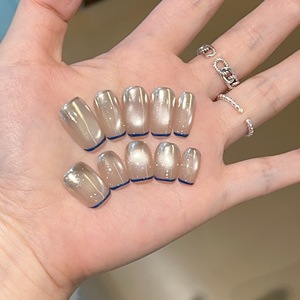 Lot de 10 <span class=keywords><strong>faux</strong></span> <span class=keywords><strong>ongles</strong></span> press-on faits main en acrylique, effet œil de chat bleu, avec <span class=keywords><strong>poudre</strong></span> miroir chromée de luxe, style French Manucure, personnalisables - Product Image 3