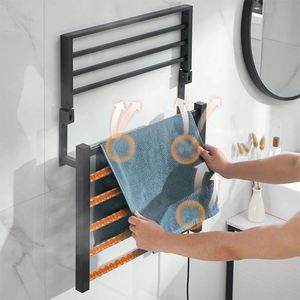 Traditional Small Hot Black Metal Horizontal Heated Electric Towel Heater Rail Bar Radiator Warmer Rack With Shelf - Product Image 2