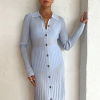 Robes maxi décontractées et modestes à rayures bleu ciel d'automne personnalisées pour femmes, élégantes robes en tricot à col rond, tricotage en forme de A, vêtements d'hiver