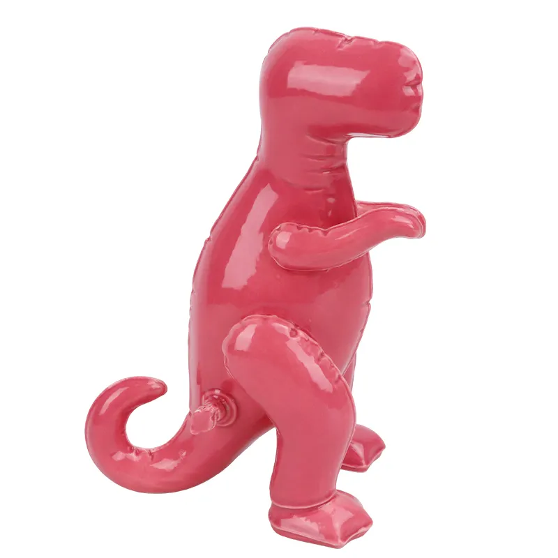 Redeco Creative Cute Pink Tyrannosaurus Rex Ornament Jurassic Dinosaur Statue Ceramic Dinosaur Sculpture Gifts Home Decoration