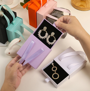 Custom Logo Drawer Box Jewelry Paper Box Ring Earring Packaging Pink Cardbaord <b>Boxes</b> with Ribbon Handle - Product Image 1