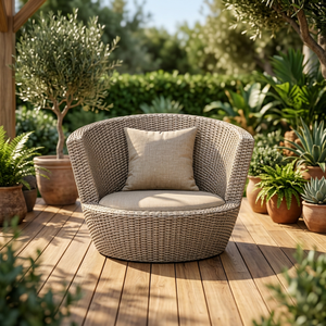 Chaise de jardin contemporaine en osier avec coussin, mobilier d'extérieur beige, design rond, pour patio et loisirs - Product Image 5