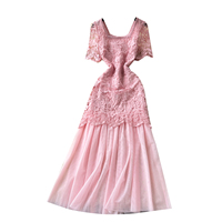 Robes longues élégantes d'été pour femmes, col carré, manches courtes, dentelle, patchwork, broderie