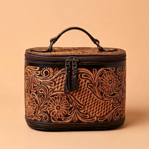 Vintage Hand Tooled Genuine Leather Jewelry Case Floral Carved Zipper Clutch Organizer Portable Travel <b>Makeup</b> Storage <b>Box</b> Lady - Product Image 1
