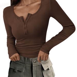 Camisetas de Manga Larga Tejidas para Mujer, Otoño 2025, Camisetas de Manga Larga con Botones, Tejido Acanalado, Corte Ajustado, Blusa Informal Básica - Product Image 1