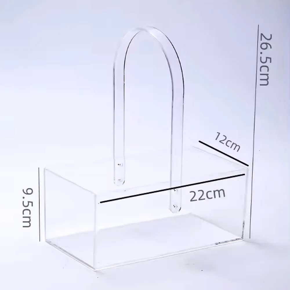 Hersteller OEM transparente Hochzeitstischdekoration durchsichtiger Acryl-Blumenkorb mit Griffen Acrylvasen