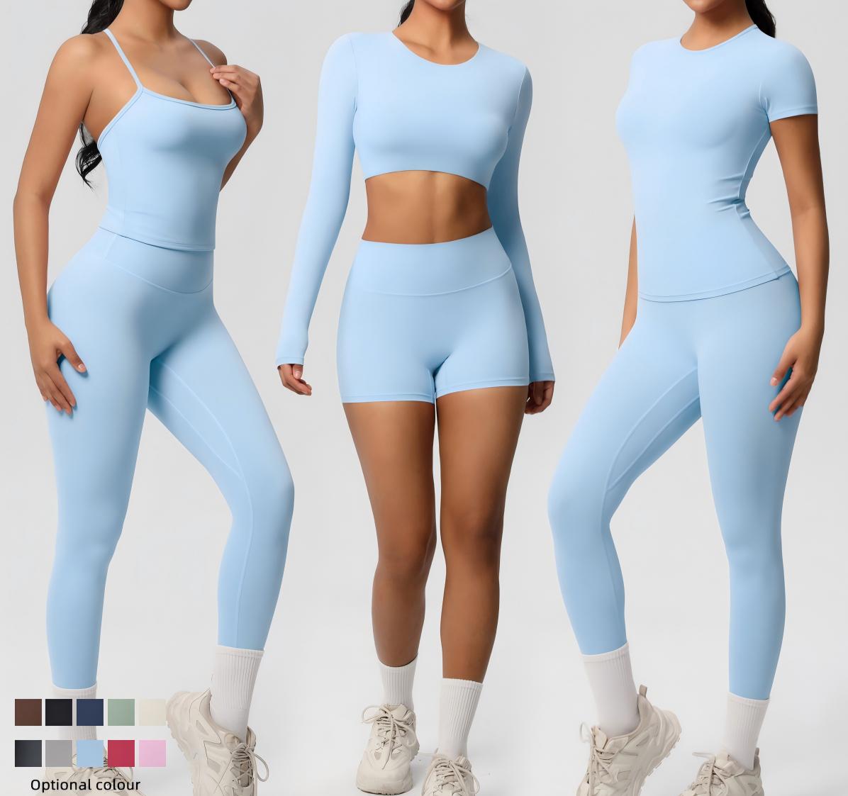 New Cross-border Solid 2-Piece Brushed Spandex/Nylon Yoga Set Front High Waist Wrinkle-Resistant Cloud-like Quick-dry Fitness
