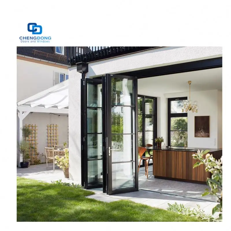 Ucuz fiyat açık Bifold tasarım dış kanatlı kapılar ticari konut cam bölmeler katlanır veranda kapılar dış