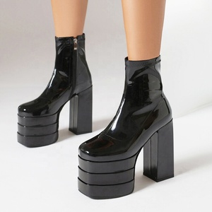 Botines de Plataforma Gruesa de Triple Capa Talla Grande 46 de Ajuste Ancho para Mujer, Zapatos de Tacón Alto Grueso de Charol, Botines Cortos Elegantes - Product Image 1