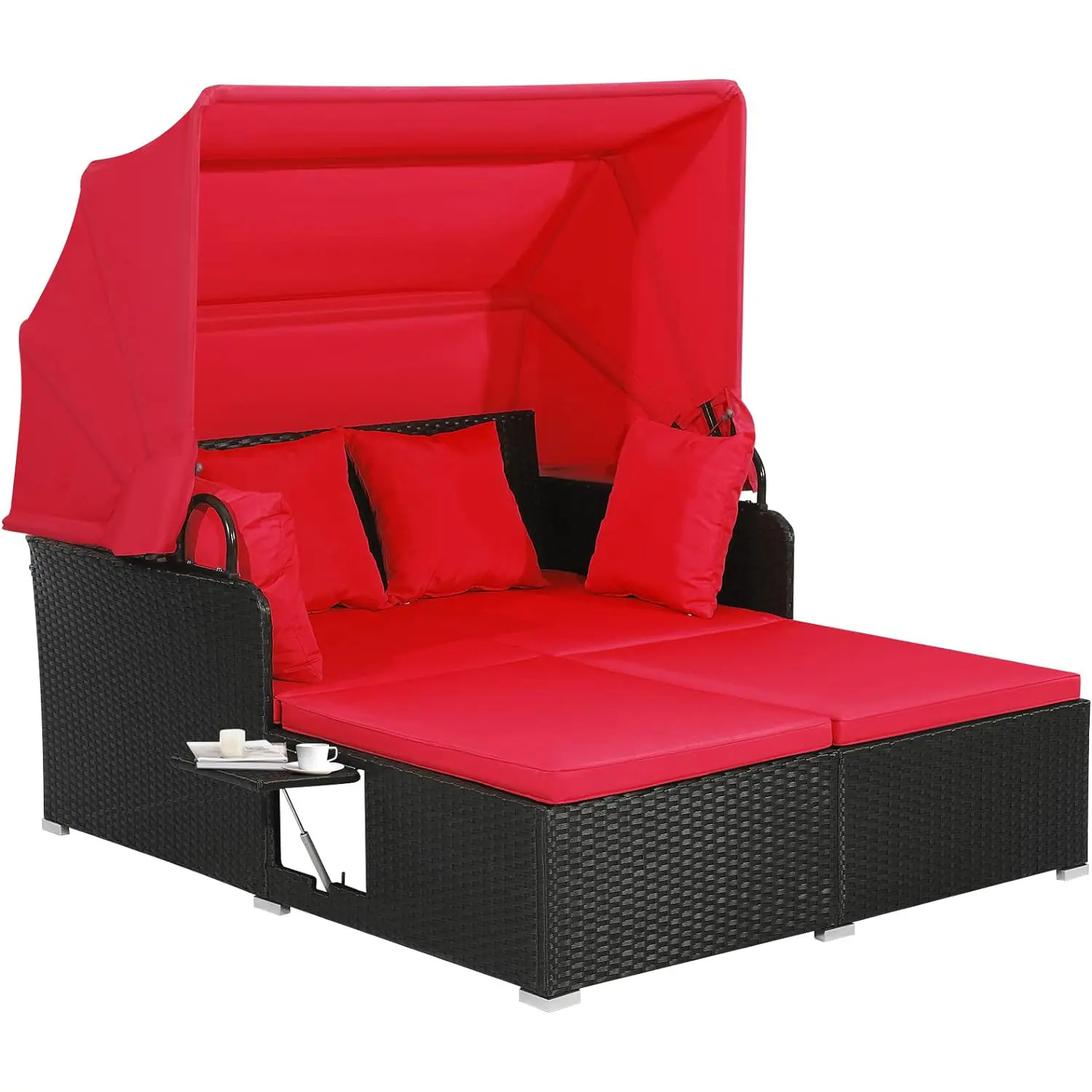 Yangtek Hot Sale Patio Rotan Ligbed Met Intrekbare Luifel, Patiojoy Rieten Ligstoel Met 2 Opvouwbare Zijpanelen (Rood)