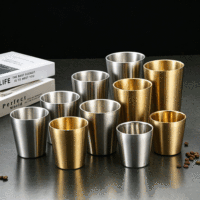 FLEY Tasse isotherme style coréen à marches dorées, en acier inoxydable 304 épaissi, pour restaurant, extérieur et usage enfantin