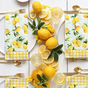 <span class=keywords><strong>Serviettes</strong></span> de table jetables 3 plis motif citron aquarelle avec bordure à carreaux pour réunions de famille et brunches festifs - Product Image 1