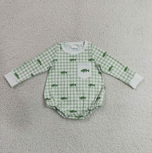 Conjunto de Ropa de Manga Larga para Bebés Niños con Estampado de Peces y Cuadros Verdes a Juego de la Marca Brother al por Mayor - Product Image 3