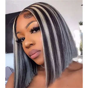 Nueva tendencia-Peluca de cabello humano brasileño para mujeres negras, postizo de encaje frontal con cierre Bob corto, de platino - Product Image 5
