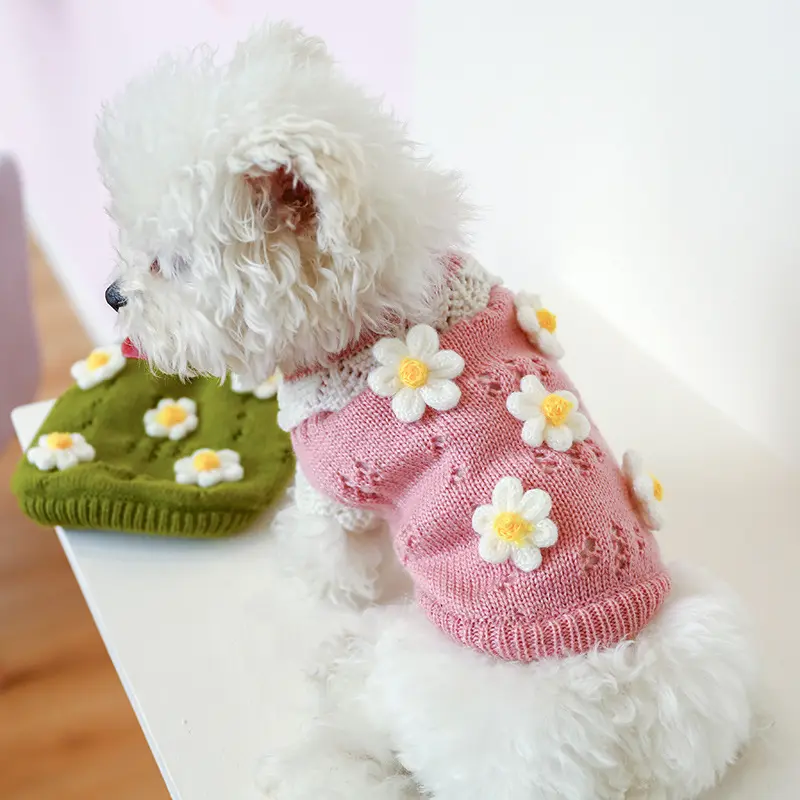 LM0085K Sweater hangat musim gugur dan musim dingin, sweater anjing pakaian kucing peliharaan, Sweater bunga rajut