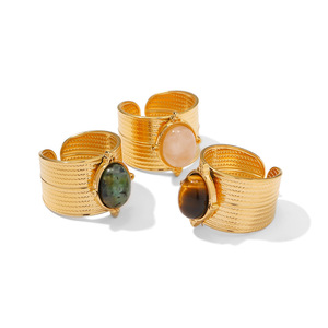 French Retro Style Natural Stone Wide Opening <b>Ring</b> For Women 18k Gold Plated <b>Titanium</b> Steel Niche Jewelry - Product Image 5