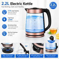 Bouilloire électrique en verre 2,2 L, prise UE, LED bleue, finition or rose, couvercle noir, poignée en C, moderne, fournisseur en gros de café, usine OEM