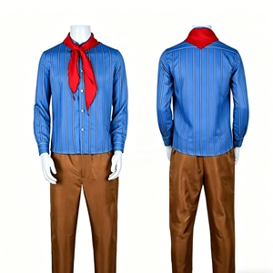 Costume de cosplay rayé bleu pour homme, chemise à manches longues avec écharpe rouge et pantalon marron, <span class=keywords><strong>tenue</strong></span> de personnage d'anime pour fête de carnaval - Product Image 1