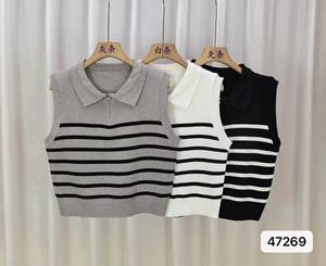 Pull sans manches pour femmes et pull décontracté minimaliste, débardeur quotidien pour femmes, col rétro zippé, gilet en tricot rayé - Product Image 6