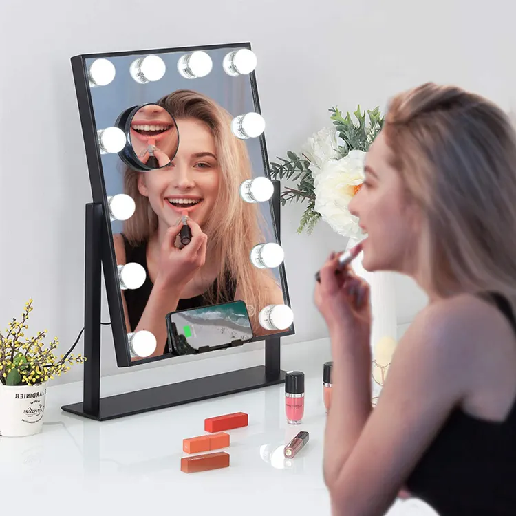 Meisje Draadloze Oplader Mode Hoge Kwaliteit Nieuwe Hollywood Led Spiegel Licht Makeup Led Vanity Mirror Met Telefoon Oplader