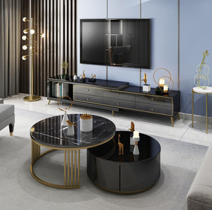 Set di Tavolini da Caffè Moderni di Lusso Estensibili in Materiale Spugna e Vetro per Arredamento Soggiorno - Product Image 1