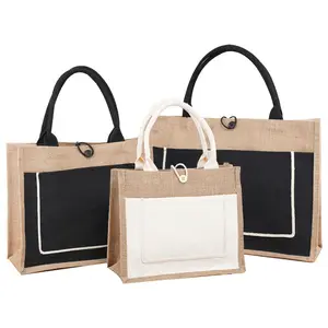 Wholesale Large Capacity Travel Waterproof Canvas Pocket Burlap Jute Bag With Cotton Handles
