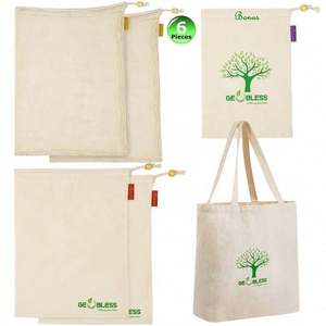Sacs de production réutilisables en filet de mousseline de coton biologique certifié GOTS et sac fourre-tout en toile écologique - Product Image 1