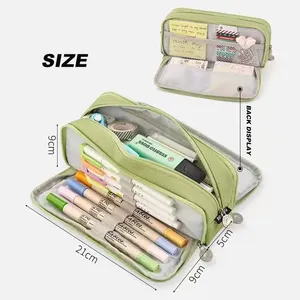 Estuche para bolígrafos de gran capacidad con doble apertura de tres capas y logotipo personalizado al por mayor, bolsa para lápices de lona para almacenamiento escolar