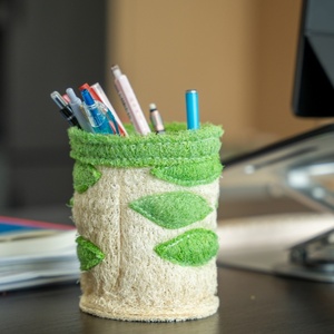 Porte-stylo en filet de loofah naturel fait main, décoration de bureau DIY pour étudiants, cylindre de rangement pour entrepreneurs - Product Image 5