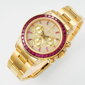 Reloj de Lujo para Hombre con Bisel de Rubíes Premium 5A, Esfera Completamente Adornada con Diamantes, Tres Subesferas, Cronógrafo Mecánico, Correa de Acero Dorado - Product Image 1