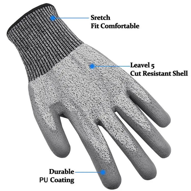 ANSI A5 A7 Cut resistant PU coated CE certified construction gloves cut level 5 gloves