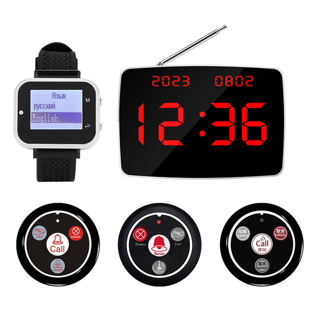 Wireless Calling System Receiver Watch Pager and Transmitter Call Button Waiter Service for Restaurant Equipment