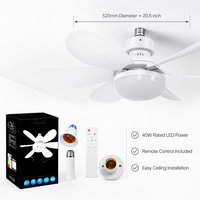 Ventilateur de plafond moderne à LED 40W en ABS, 20,5 pouces, télécommande, 6 pales, cuisine, chambre, bureau