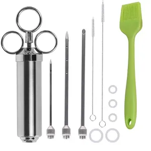 Y6490 Hoge Kwaliteit Roestvrij Staal Saus Injector Handleiding Pekel Vlees Injector 2Oz Kit Injectiespuit Met Borstel