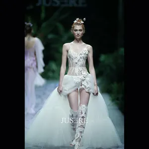Jusere Fashion show spaghetti strap illusion bodice 3d flowers high split aline wedding dress beautiful ruffles bridal gown