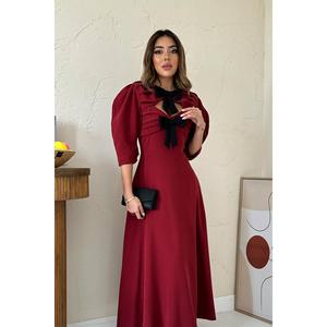 Robe de soirée élégante bordeaux coupe trapèze avec nœud décoratif, col en V, en satin, longue, taille naturelle, ajustement confortable - Product Image 2