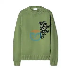 Custom OEM wool Intarsia knit jacquard pullover Embroidery logo knitted cotton oversized knitwear sweater for man