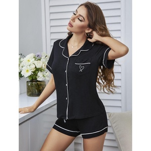 Conjuntos de <span class=keywords><strong>pijama</strong></span> de algodón para mujer, nuevo diseño de lujo, <span class=keywords><strong>pijama</strong></span> de algodón suave y acogedor, ropa de dormir para mujer, <span class=keywords><strong>pijama</strong></span> de algodón <span class=keywords><strong>Pima</strong></span> negro de 2 piezas - Product Image 1