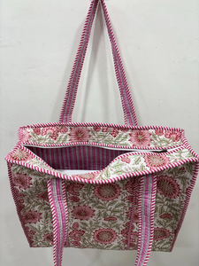 White Pink Floral Block Printed Cotton <b>Tote</b> <b>Bag</b> <b>Summer</b> Beach <b>Bag</b> Bridesmaid Gift <b>Bag</b> Reusable Travel Shopping Shoulder <b>Bag</b> - Product Image 3