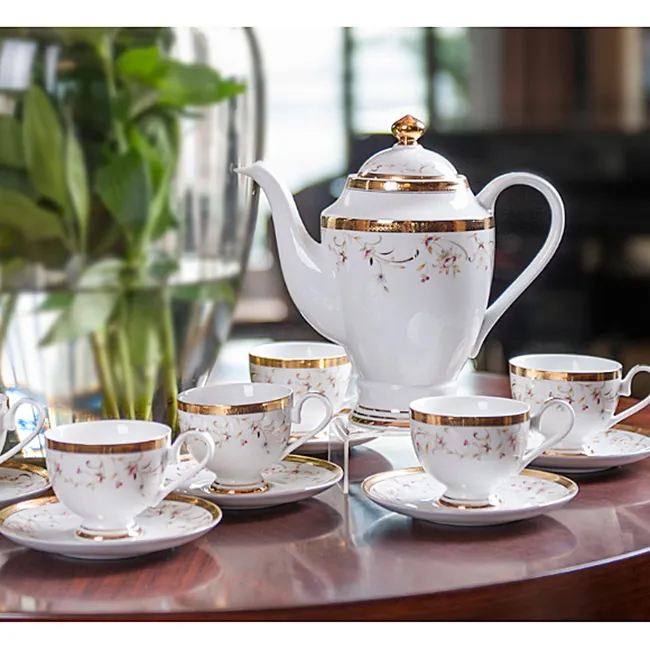 RTS 14 قطعة السيراميك الخزف الذهب مطلي فنجان شاي وطبق مجموعة القهوة و أطقم شاي